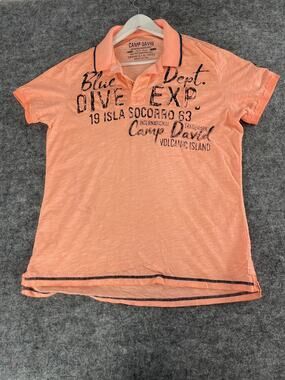 Camp David Shirt Polo Mens Large Peach Short Sleeve Cotton Embroidered N326